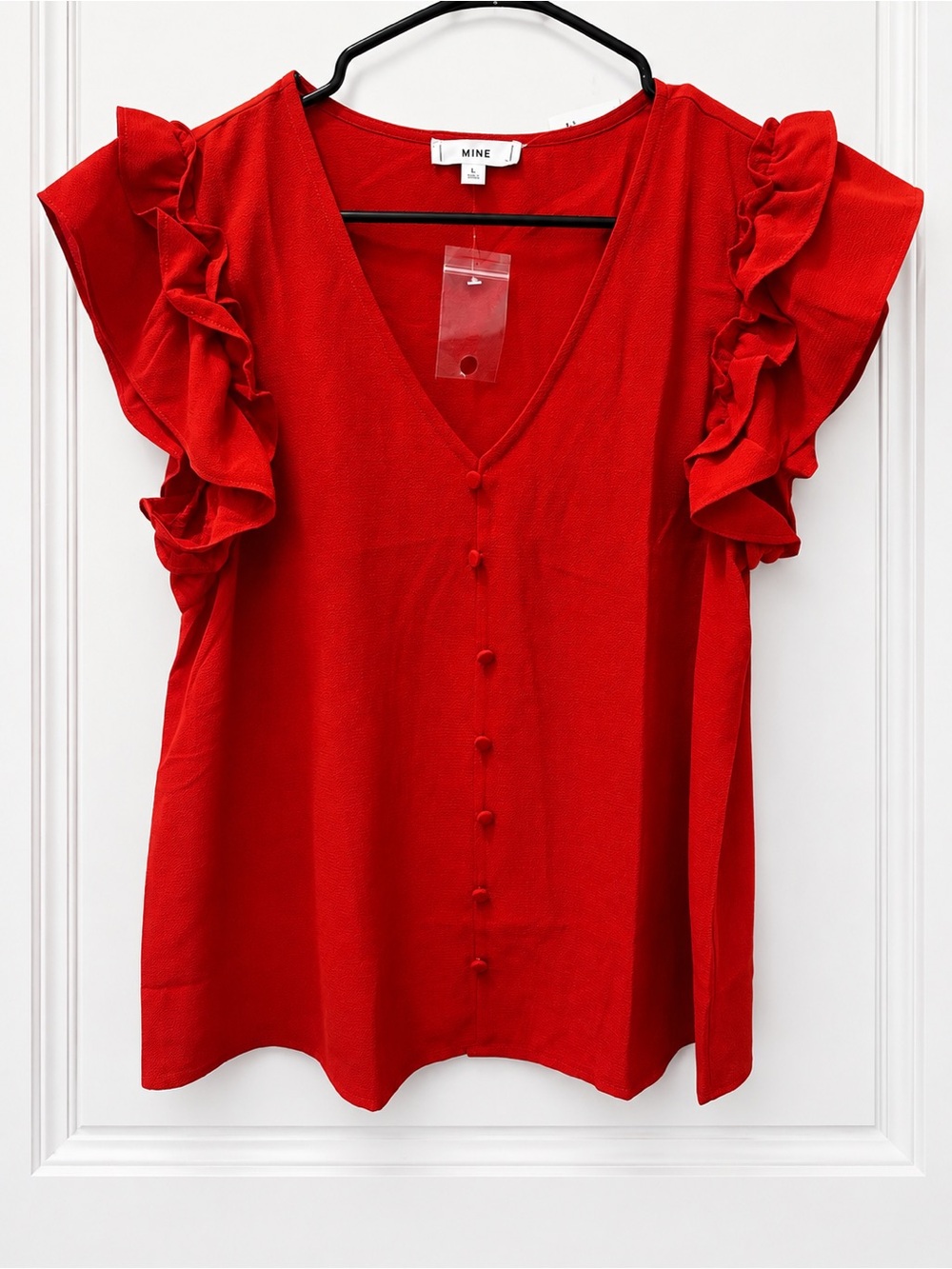 MINE Vibrant Red Ruffle Sleeve Button Front Blouse